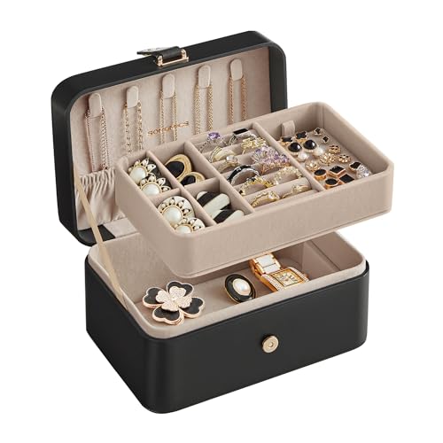 SONGMICS Jewelry Organizer Box, Travel Jewelry Case, 2-Layer Travel Case for Earrings, Necklaces, Bracelets - Portable Jewelry Storage with Large Capacity, Gift Idea, Ink Black UJBC166B01 - color: Ink Black