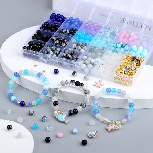 DUQGUHO 8mm Black Blue and White Beads for Bracelets Summer Beach Glass Beads for Jewelry Making 24 Grids Round Beads Bulk 520PCS - color: 12-Blue Black White