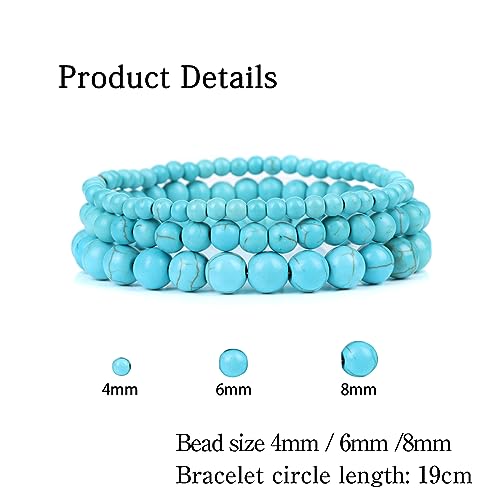 3 PCS Healing Crystal Bracelets for Women 8mm Natural Stone Beaded Stretch Bracelet Amethyst Jewelry Gifts - color: 4,6,8mm Blue Turquoise