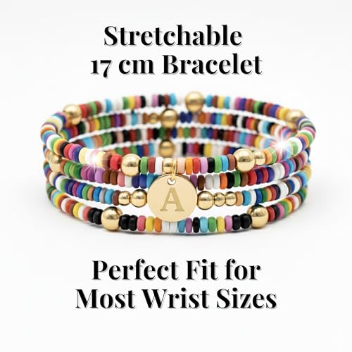 Set of 4 Colorful Bead Initial Bracelets, Personalized Stackable Jewelry, Adjustable Stretchy Charm Bracelets for Women, Beaded Bracelet Set, Trendy Custom Jewelry Gift - style: Colorful Bead - A