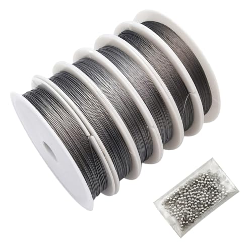 INSPIRELLE 6 Rolls Multi Sizes Stainless Steel Wire for Beginner Practice Nylon Coated 7-Strand Beading String Wire with 200PCS Crimp Stoppers