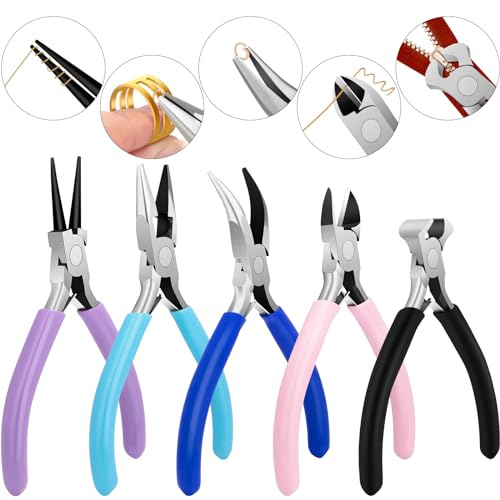 5 Pack Jewelry Pliers Tool Set, Includes Round, Chain, Needle, Bent & Zipper Pliers for Repair, Wire Wrapping & Crafts