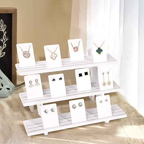 51pcs Wood Tiered Earring Display Stand, 3-Tier White Retail Jewelry Card Display With Groove + 50 Earring Cards, Portable Ring Organizer Holder, Showcase Racks for Business - color: White