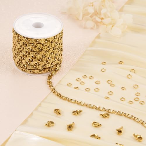 Jabogrii 5 Meters Gold Chain for Jewelry Making Stainless Steel Chain on Spool Craft Jewelry Making with Lobster Clasps and Jump Rings - color: Gold