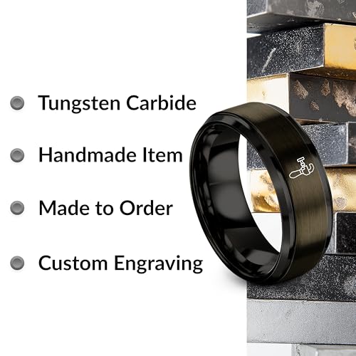 Chain Tool Ring - Gift for Cyclist - 8mm - Band - Gunmetal Black Silver - Personalized Custom Engraving - Men Women - Anniversary Engagement Wedding - Tungsten Carbide - Flat Dome Bevel - color: 10 - Gunmetal Black Tungsten