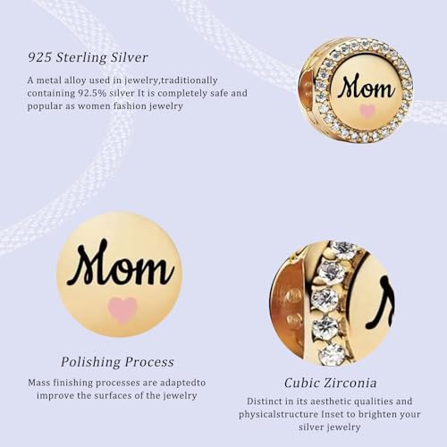 925 Silver Charms Pendants For Pandora Bracelet Golden charms Bead Safety Chain Clip set Heart Flower Animal Beads Family, Mom, Friend, Daughter, Birthday, Jewelry Gift - style: B-Golden Round Mom Charm