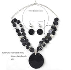 Layered Beads Statement Fashion Necklace Chunky Jewelry Set Big Colorful Glass Stone Circle Shell Pendant Choker Necklace and Earring Set for Women - color: black