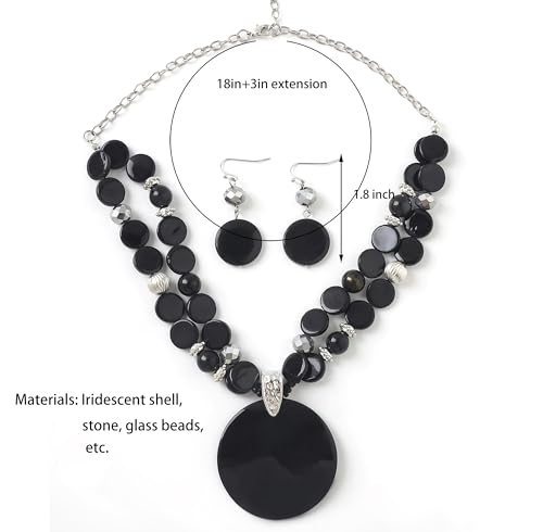 Layered Beads Statement Fashion Necklace Chunky Jewelry Set Big Colorful Glass Stone Circle Shell Pendant Choker Necklace and Earring Set for Women - color: black