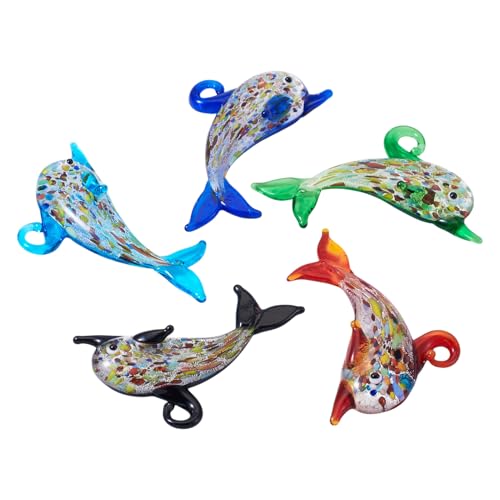 FASHEWELRY 5Pcs Large Lampwork Dolphin Charms Transparent Cute Glass Ocean Animals Penadants Cartoon Sea Fish Charms for DIY Bracelet Jewelry Making - color: Transparent Dolphin-Sequins