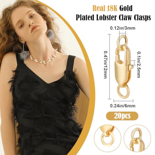 Beebeecraft 1 Box 20Pcs Lobster Clasp 18K Gold Plated Brass 12mm Rectangle Lobster Claw Clasps with Jump Ring for Jewelry Making DIY - color: Gold, size: 12x6x2.5mm