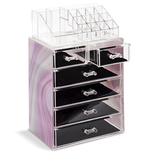 Sorbus Acrylic Makeup Organizer Set, 6-Drawer Vanity & Countertop Cosmetic Storage with Small & Wide Compartments, Tie Dye Makeup Storage for Brushes, Jewelry – Holiday Gift for Women & Teens - color: Tie Dye, size: 4 Large, 2 Small Drawers