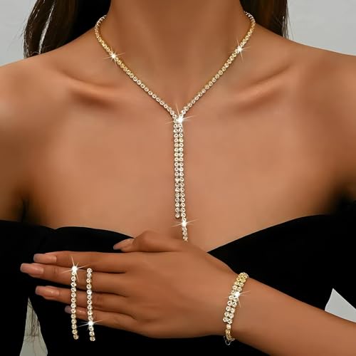 Gold-Tone Bridal Wedding Jewelry Necklace Earrings Bracelet Set Rhinestone Accessories for Brides Women Formal Prom Party Banquet Gifts