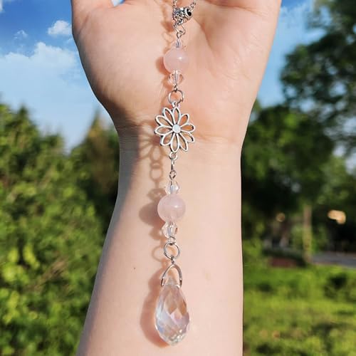 Car Rear View Mirror Accessories Pink Quartz Car Hanging Ornament, Dasiy Rearview Decor Charm Rose Quartz Crystal Handmade Beaded Crystal Swinging Interior Decor for Women Men - color: Rose Quartz-daisy