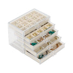 CLUQMEIK Acrylic Jewelry Organizer Box with 5 Drawers, 50 Grids Clear Earring Box Organizer with Adjustable Velvet Trays, Jewelry Storage Organizer for Women Girls, Beige