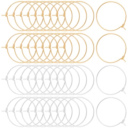 Beebeecraft 1 Box 100Pcs 2 Colors Earring Findings Hoops 18K Gold Plated 316 Stainless Steel Round Wine Glass Charm Rings Open Beading Hoops for Jewelry Making Festival DIY Crafts Art Accessories - color: Gold and Silver, size: 25mm