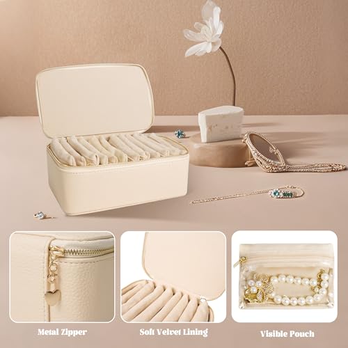 Travel Jewelry Case, Small Travel Jewelry Box with 12 Velvet Jewelry Bag Mini Pouch, Portable Travel Jewelry Organizer for Rings Earrings Necklaces (Beige 12 Pcs) - color: Beige 12 Pcs