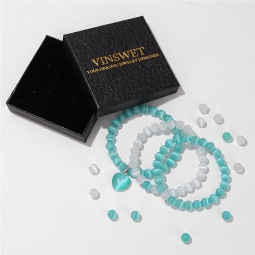 Vinswet Healing Crystal Beaded Bracelets for Women,Natural Amethyst Gemstones Bracelet,Anxiety Stress Relief Heart Charm Bracelet Handmade purple Jewelry Gifts for Women - color: White Cat Eyes&green Cat Eyes