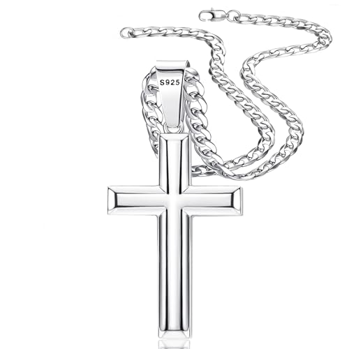 Besteel 925 Sterling Silver Cross Necklace for Men Women - 5mm 316L Stainless Steel Cuban Link Chain - Religious Baptism Easter Spring Cross Pendant Simple Faith Jewelry 16-30 Inches - size: 20 in=51 cm (Men's Short)