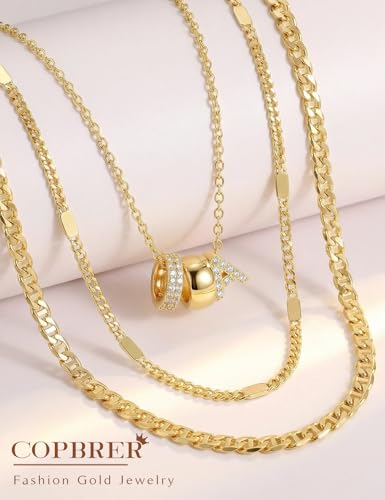 Layered Gold Necklaces for Women, 14K Gold Plated Dainty Cubic Zirconia Rondelle Initial Pendant Necklace, Chunky Stackable Mariner Chain Choker, Trendy Personalized Name Jewelry Gifts for Women - style: Letter A