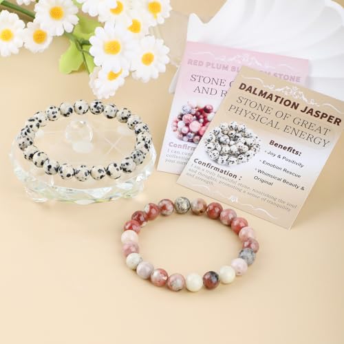 NCB 2.3-Piece 4mm Natural Crystal Gemstone Stretch Bracelets – Handmade Reiki Energy Healing Jewelry for Meditation,Yoga, Unisex - color: 2PCS ( Dalmation Jasper+Red Plum Blossom Stone ), size: 8mm