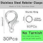 90Pcs Fadeless Lobster Claw Clasps (10mm) & Jump Rings for Jewelry Making, Necklace Bracelet Findings & Supplies (Stainless Steel) - color: Stainless Steel