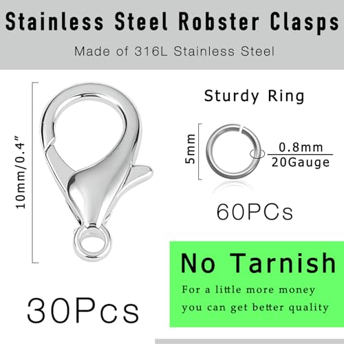 90Pcs Fadeless Lobster Claw Clasps (10mm) & Jump Rings for Jewelry Making, Necklace Bracelet Findings & Supplies (Stainless Steel) - color: Stainless Steel