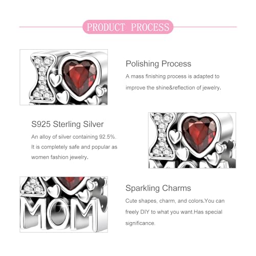 925 sterling silver Bead Charm for Pandora bracelets and Necklaces - Cute Heart Animal Ocean Pendant Bead Charms with Cubic Zirconia Mother's Day Jewelry Making DIY Gifts for Women Wife/Girlfriend - color: Love Mom Heart Charm