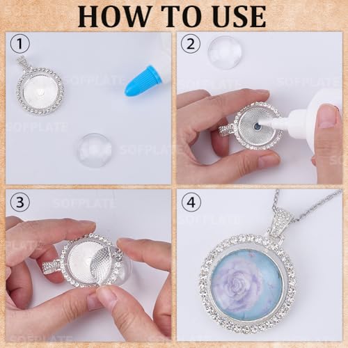 1 Box 24Pcs 30mm Round Rhinestone Trays Pendant Set Round Bezel Pendant Trays Glass Cabochon Blanks Double Sided Rotatable Tray with Silver Chains for Jewelry Making Supplies DIY Necklaces