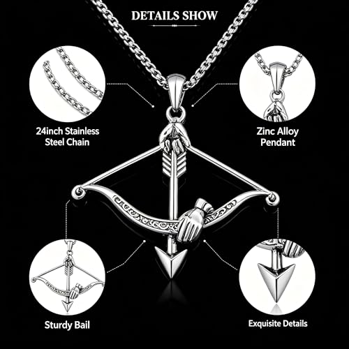 Cross Bow and Arrow Necklace for Men, Non Tarnish Durable Stainless Steel Necklace 24inch with Zinc Alloy Crucifix Pendant for Male, Archery Jewelry Accessories Gift for Valentines Day for Boyfriend and Husband