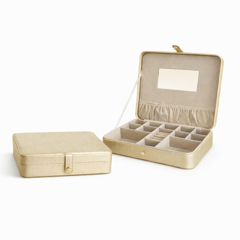 Hives & Honey Opal Jewelry Travel Case with Mirror – Anti-Tarnish Felt Lining, Ring Rolls, Divided Compartments, Elastic Lid Pocket, Secure Snap Closure, Portable Jewelry Organizer for Travel - color: Gold