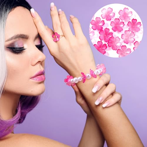 100pcs Cherry Blossom Beads, 5-Petal Gradient Acrylic Flower Beads, Mini Spacer Hair Accessories Halloween Christmas for Bracelets Earring Jewelry Making- Pink - color: Pink