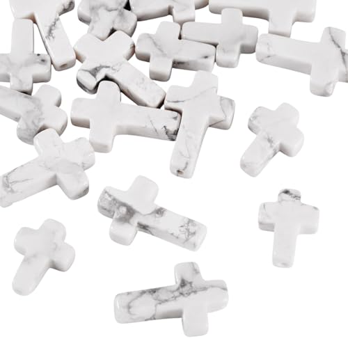 20 Pcs White Turquoise Cross Beads Small Cross Gemstone Beads Natural White Howlite Bead Crystal Crucifix Charms for Easter Holiday Eid Mubarak Ramadan Jewelry Making 12.5 & 14.5mm - color: White-Howlite
