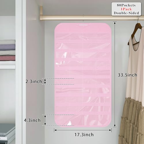 1 Pack Hanging Jewelry Organizer 80-Pocket Dual-sided Jewelry Storage for Earring Necklace Bracelet Ring Travel Holder, Pink - color: Pink