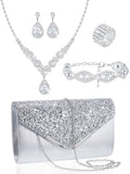 Henoyso 5 Pcs Rhinestone Jewelry Sets Prom Purse Jewelry Rhinestone Clutch Purse Bride Necklace Earrings Bracelets for Women - color: Silver