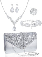 Henoyso 5 Pcs Rhinestone Jewelry Sets Prom Purse Jewelry Rhinestone Clutch Purse Bride Necklace Earrings Bracelets for Women - color: Silver