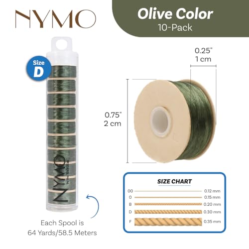 The Beadsmith Nymo Thread – 10-Pack Olive Color – Size D, .30mm Diameter, 64 Yard/58.5 Meter Spool – Made of Nylon – Bead Embroidery & Weaving, Off Loom & Loom Work and DIY Craft Projects - size: Size D, 64 Yards, style: Olive