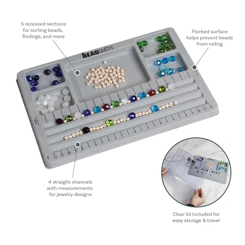 The Beadsmith Mini Bead Board - Grey Flocked, 4 Straight Channels, 5 Recessed Compartments, 7.75 x 11.25 inches, Design Boards for Creating Bracelets, Necklaces and Other Jewelry - size: 4 Straight Channel w/ Cover