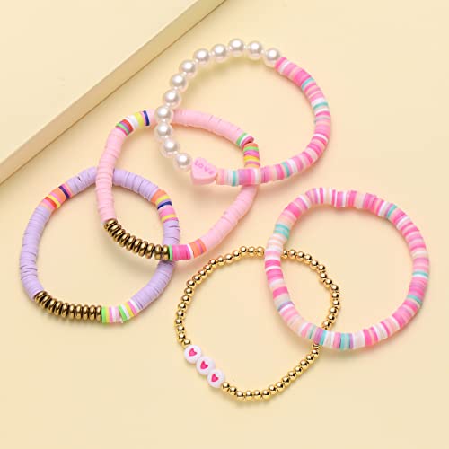 COLORFUL BLING 5-12Pcs Bohemian Love Heart Bead Bracelets for Women Vinyl Disc Heishi Surfer Stackable Stretch Bracelet Summer Beach Boho Jewelry - color: 5pcs pink purple