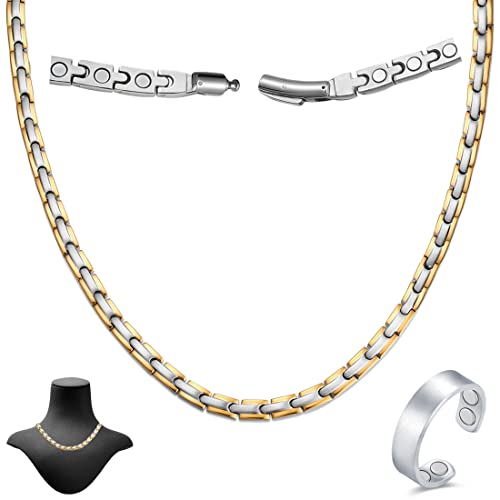 Titanium Necklace for Men Women - Magnetic Necklace Ultra Strength Magnets - with Adjustable Sizing Tool and Present Box - color: Silver & Gold