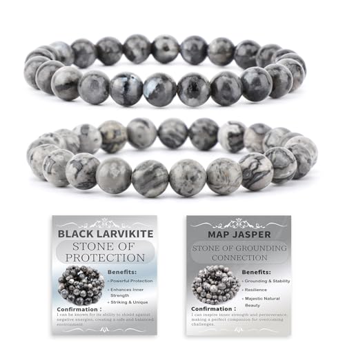 NCB 2.3-Piece 4mm Natural Crystal Gemstone Stretch Bracelets – Handmade Reiki Energy Healing Jewelry for Meditation,Yoga, Unisex - color: 2PCS ( Black Larvikite+Map Jasper ), size: 8mm