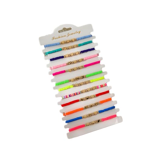 COLORFUL BLING 5-12Pcs Bohemian Love Heart Bead Bracelets for Women Vinyl Disc Heishi Surfer Stackable Stretch Bracelet Summer Beach Boho Jewelry - color: 12pcs gold heart