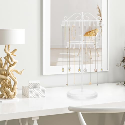 iDavosic.ly 2 Tier Rotating Necklace Holder Organizer with 42 Hooks, Adjustable Metal Bracelet Display Stand Rack, Extra Tall Keychain Spinning Tree Tower for Women, White - color: White