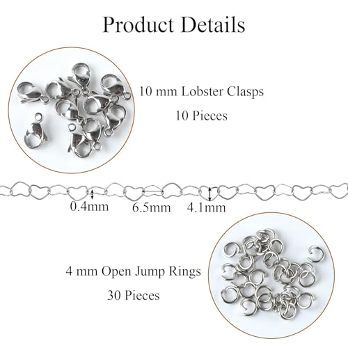 Jabogrii 5 Meters Stainless Steel Heart Chain for Jewelry Making Silver DIY Craft Jewelry Making Chain with Lobster Clasps and Jump Rings - color: Hollow Heart Silver