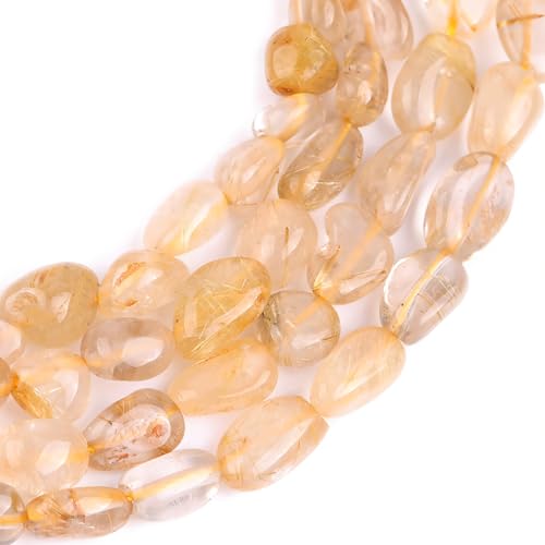 HAAMIIQII Natural Gold Rutilated Quartz Pebble Stone 5-8mm Small Irregular Freeform Tumbled Loose Gemstone Beads for Jewelry Making Strand 15 Inch (45-50pcs) - color: Gold Rutilated Quartz
