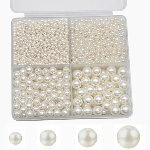 Round Spacer Beads 3/4/6/8mm 4 Size Smooth Ball Beads for Jewelry Making Metal Circle Bead for Bracelet Necklace Earring Making Supply (Pearl) - color: pearl