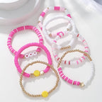 COLORFUL BLING 5-12Pcs Bohemian Love Heart Bead Bracelets for Women Vinyl Disc Heishi Surfer Stackable Stretch Bracelet Summer Beach Boho Jewelry - color: 7pcs pink face