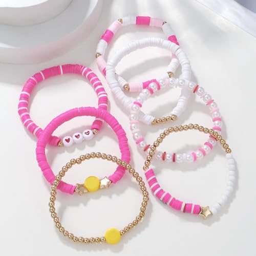 COLORFUL BLING 5-12Pcs Bohemian Love Heart Bead Bracelets for Women Vinyl Disc Heishi Surfer Stackable Stretch Bracelet Summer Beach Boho Jewelry - color: 7pcs pink face