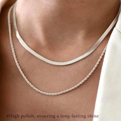 3PCS Gold Necklaces for Women,Chunky Statement Gold Plated Necklace Stack Layered Sterling Silver Herringbone Chains for Women Dainty Trendy Silver Chains Stacked Jewelry Gifts - color: silver chunky necklace set