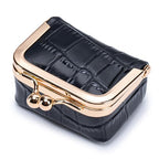 Mini Travel Jewelry Box Organizer with Crocodile Pattern, Premium Cowhide Leather, Rose Gold Kiss-Lock Clasp, Portable Storage Case, 2.56 x 1.77 x 1.38 Inches (Black, S) - color: Black