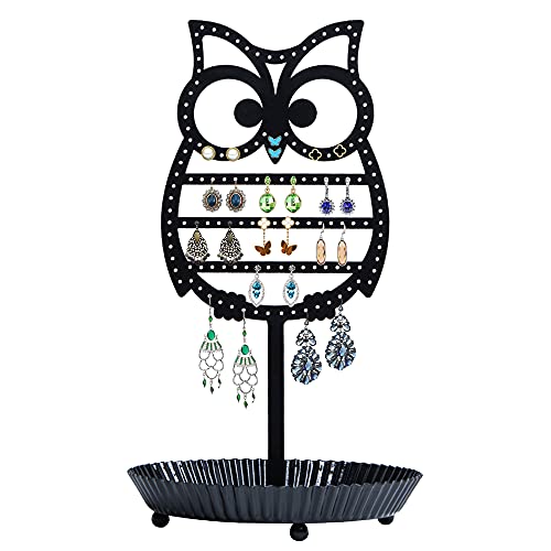 NIKKY HOME Earring Holder Hanging Organizer Stand Metal Jewelry Tree Table Top Owl Ear Stud Holder Tower Rack with Ring Tray for Girls (134 Holes), Black - color: Black